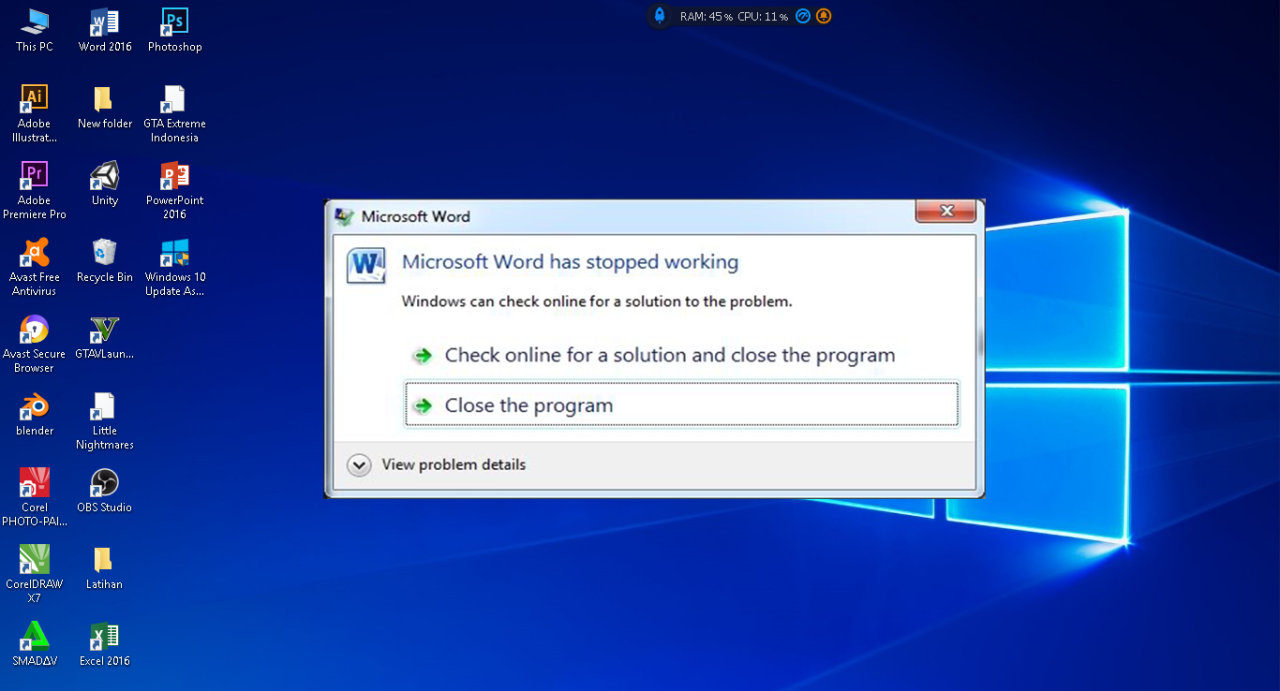 Program Not Responding di Windows 10 terbaru